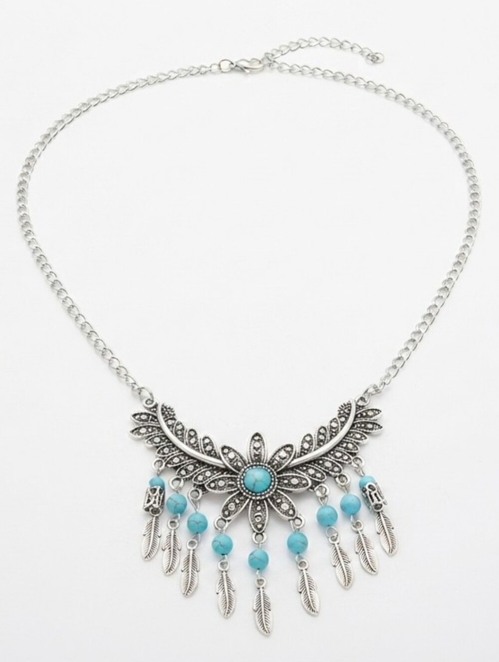 Silver Tone Floral Statement Necklace with Turquoise Beads and Feather Dangles